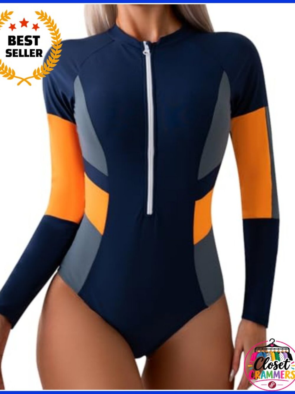 Women's Long Sleeve Rash Guard One Piece Swimsuit Zip UPF 50+ Modest Surf